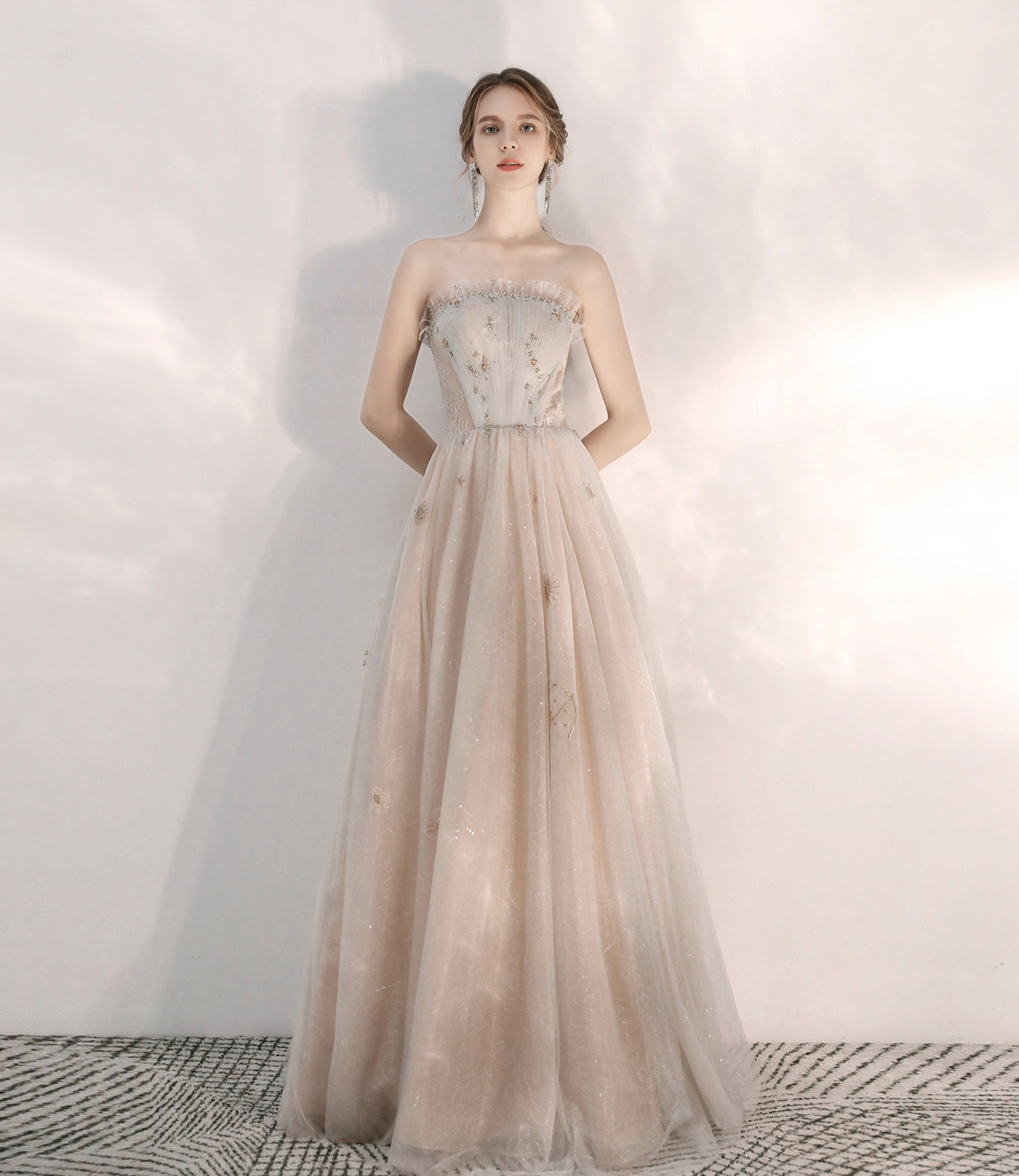 Champagne tulle sequins long prom dress A line evening dress  10472