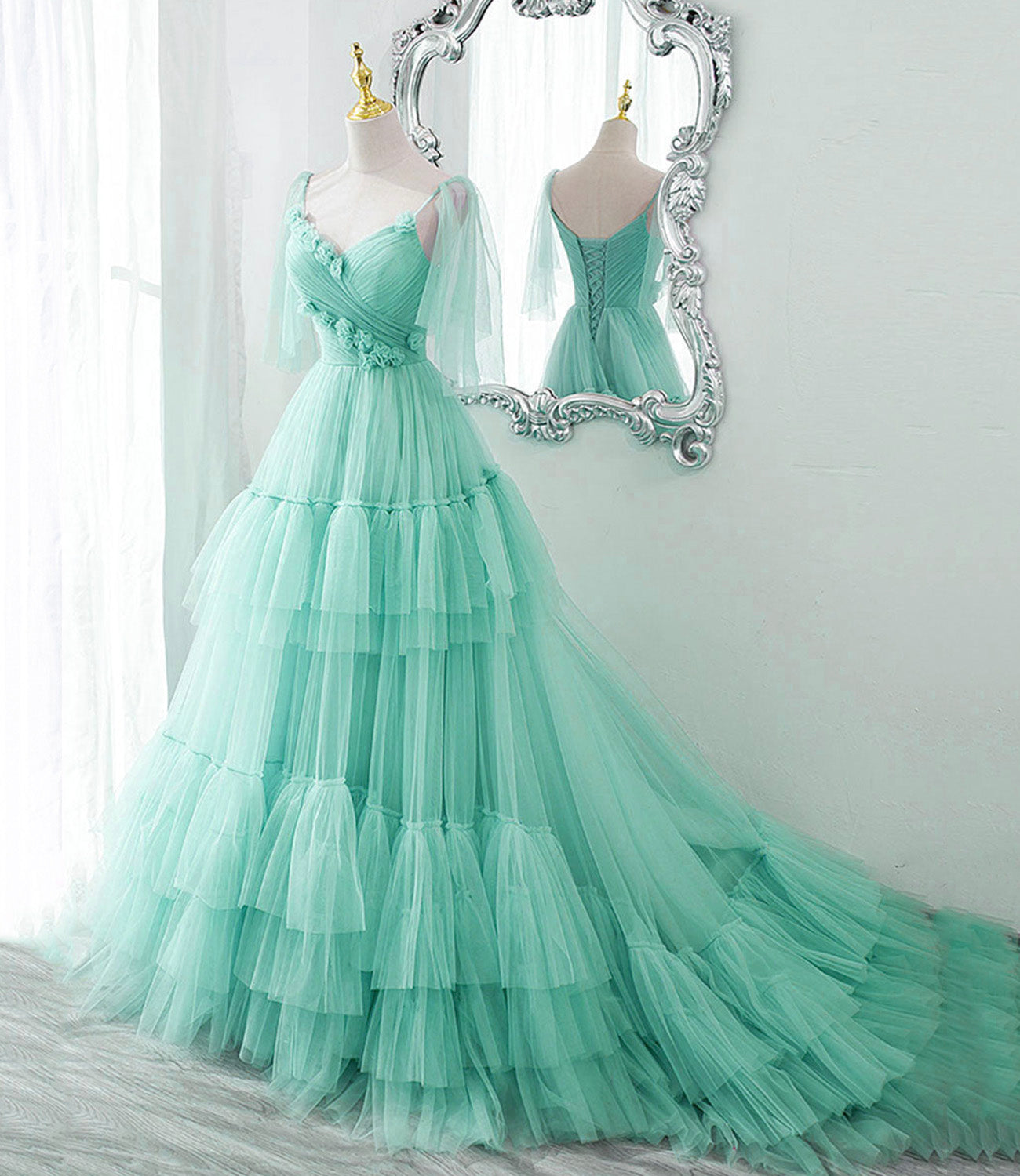 Blue tulle long A line prom dress blue evening dress  10551