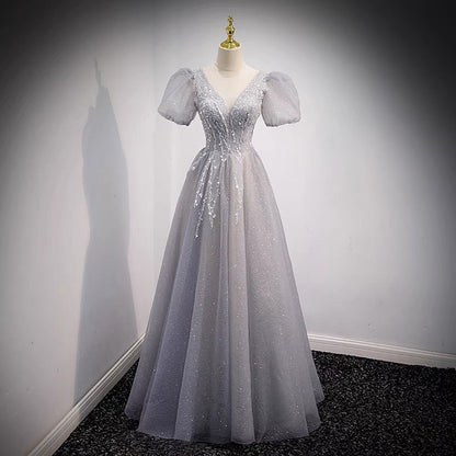 Gray tulle beads long prom dress A line evening dress  8956