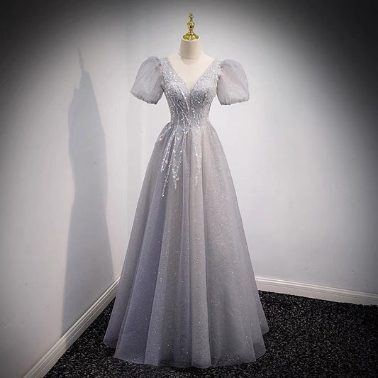 Gray tulle beads long prom dress A line evening dress  8956