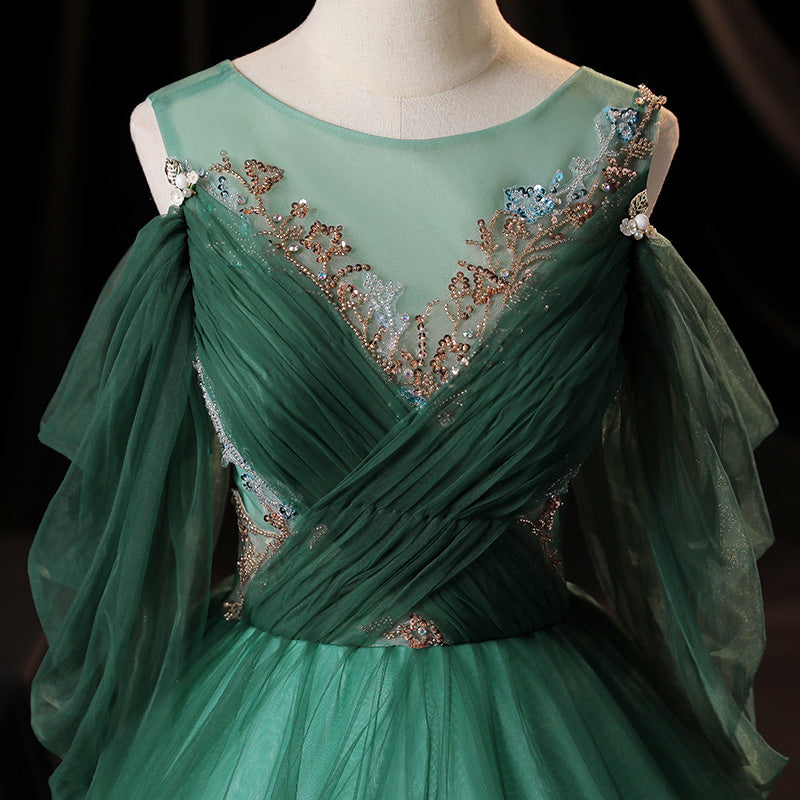 Green tulle long A line prom dress green evening dress  10635