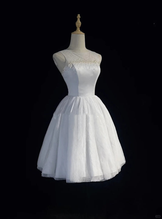 White pure simple beautiful sparkling fashion elegant exquisite rhinestone short mini backless floor length tulle homecoming prom dress evening dress party dress prom dress gh3865