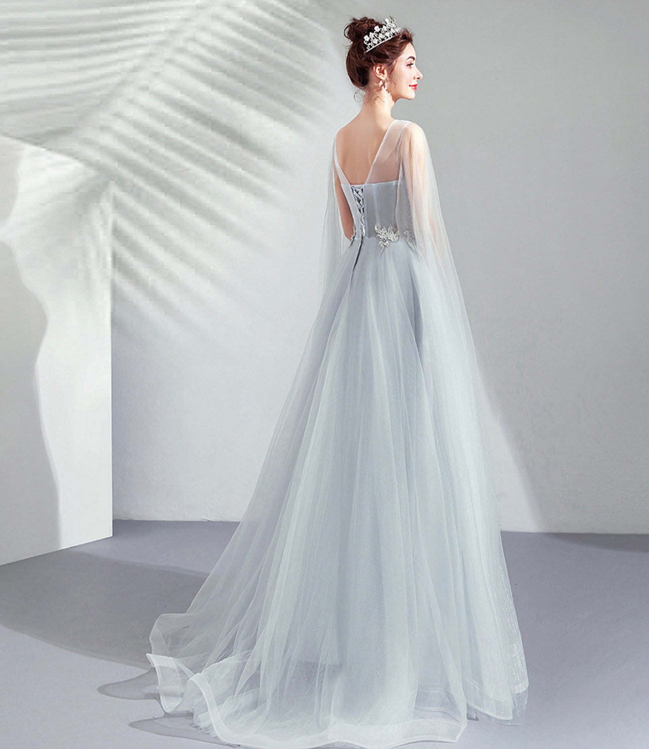 Gray tulle lace long prom dress A line evening dress  10509