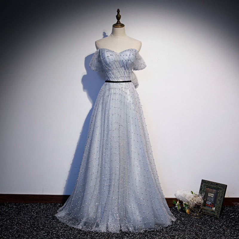 Lovely A line tulle pearl long prom dress evening dress  8685