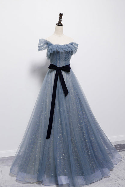 Bule tulle long A line prom dress blue evening dress  8718