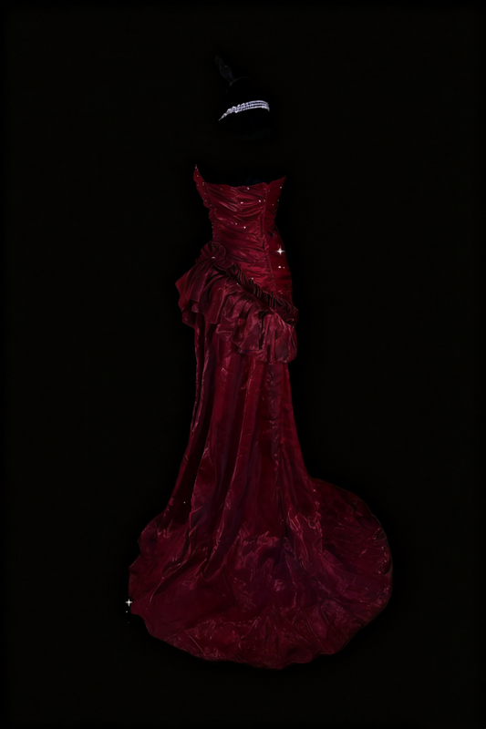 Luxury Sexy Style Strapless Sleeveless Gown | Burgundy Satin Shimmer Mermaid Train Maxi Dress for Gala Red Carpet Ball Engagement Banquet gh6421