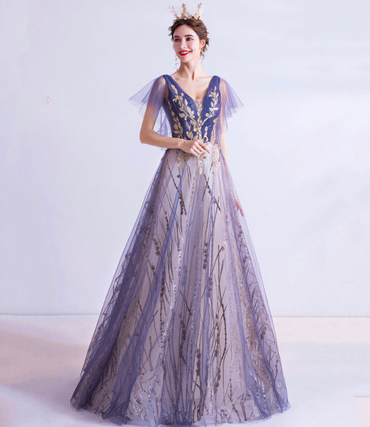 Purple tulle sequins long prom dress A line evening dress  10510
