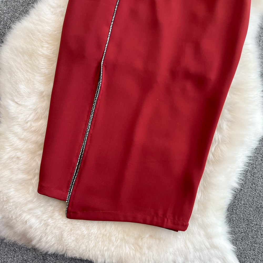 Versatile high waist slim wrap hip skirt medium length split one-step skirt  11284