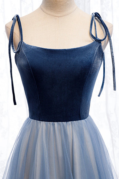 Blue velvet tulle long prom dress blue evening dress  8637