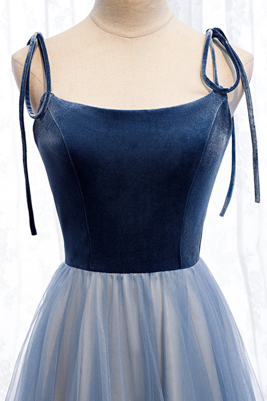 Blue velvet tulle long prom dress blue evening dress  8637