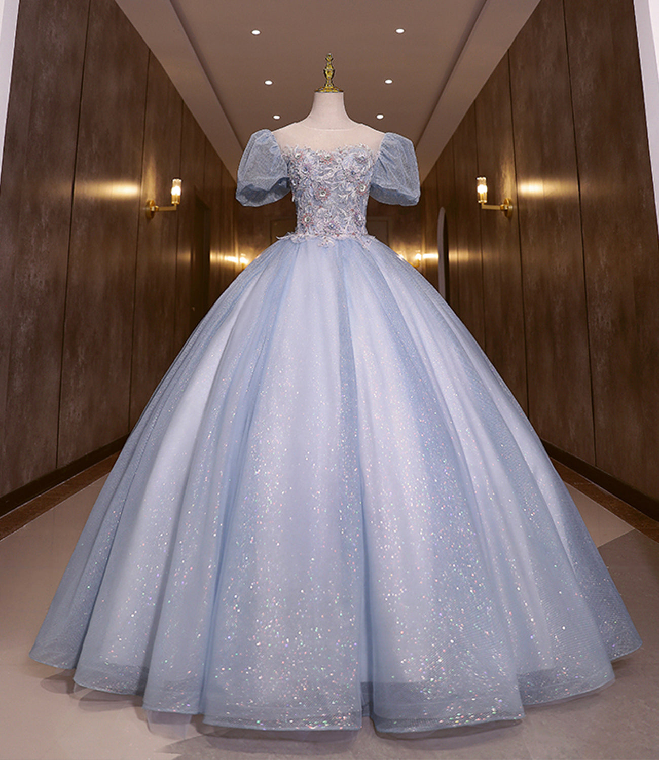Blue shiny fashion elegant exquisite floral applique tulle lace long prom dress evening dress graduation dress 10259