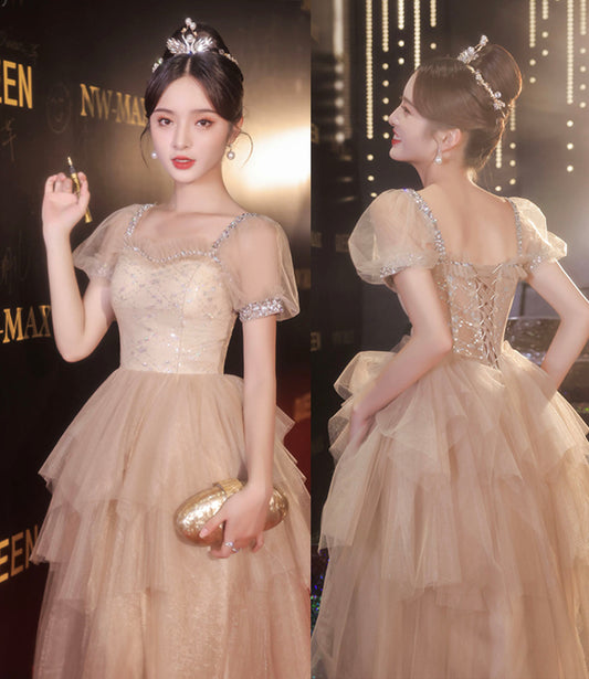 Cute tulle sequins long prom dress A line evening dress  10413