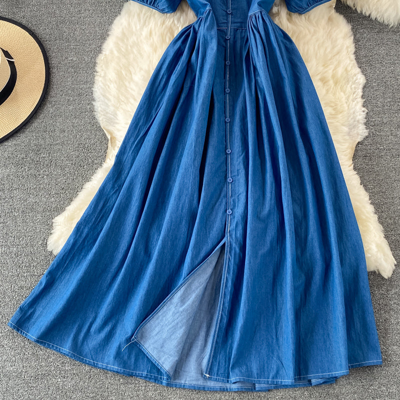 Simple V Neckline Denim Dress A Line Fashion Dress  10836
