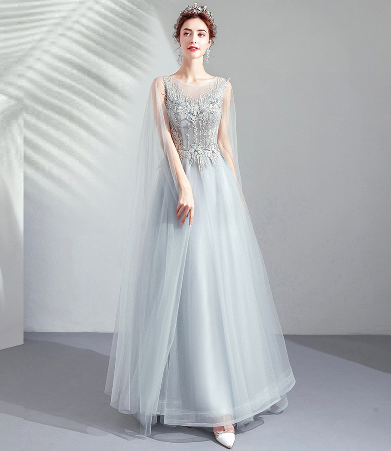 Gray tulle lace long prom dress A line evening dress  10509