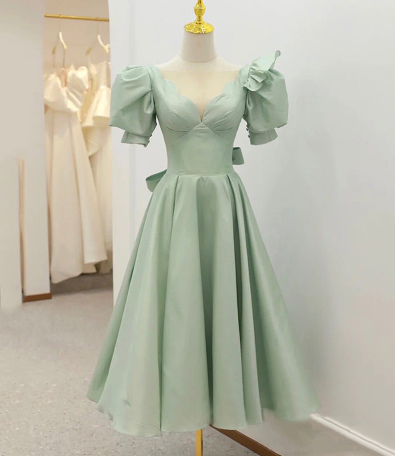 Green satin short A line prom dress party dress  8834