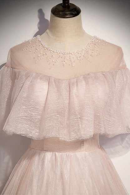 Pink tulle long A line prom dress pink evening dress  8707