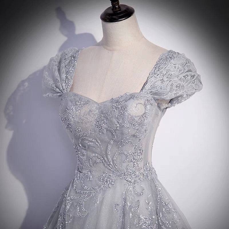 Gray tulle lace long prom dress A line evenig gown  10081