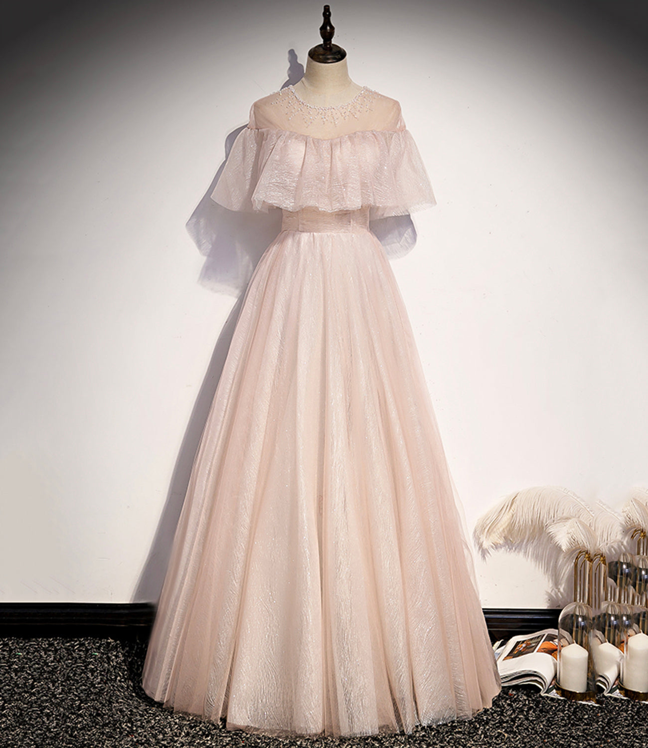 Pink tulle long A line prom dress pink evening dress  8707