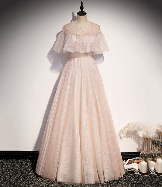 Pink tulle long A line prom dress pink evening dress  8707