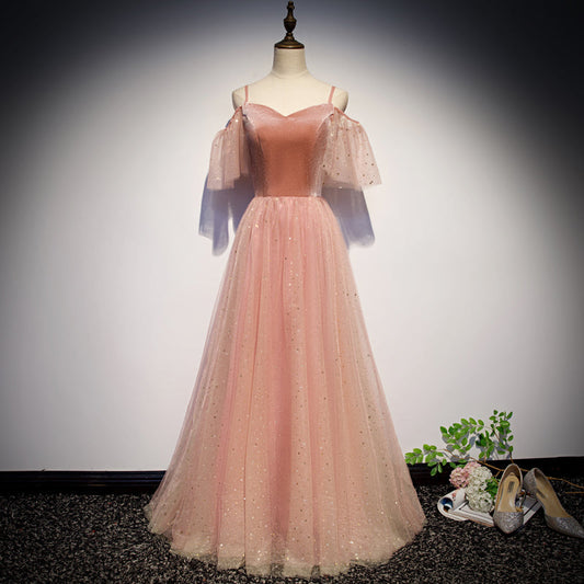 Pink velvet tulle long prom dress, pink evening dress  10079