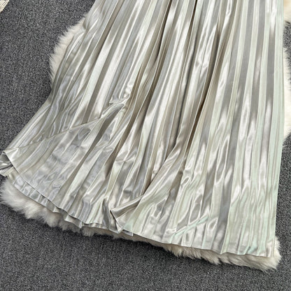 Versatile acetate SATIN HIGH WAIST slim pleated skirt  11296