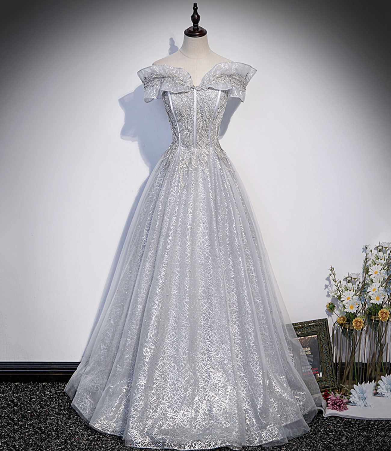Gray tulle lace long prom dress A line evening gown  10406