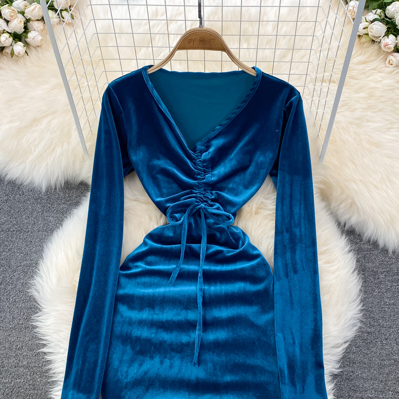 Sexy V Neck Velvet Long Sleeve Dress Fashion Dress  10864