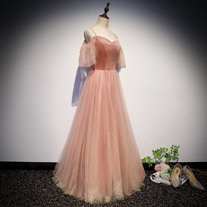 Pink velvet tulle long prom dress, pink evening dress  10079