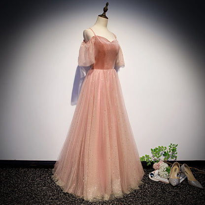 Pink velvet tulle long prom dress, pink evening dress  10079