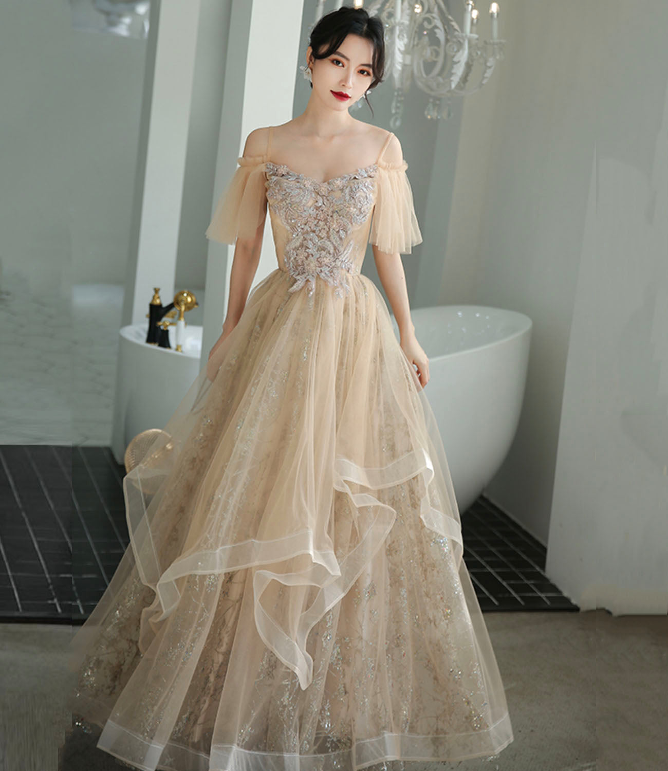 Champagne tulle lace long prom dress A line evening dress  10339