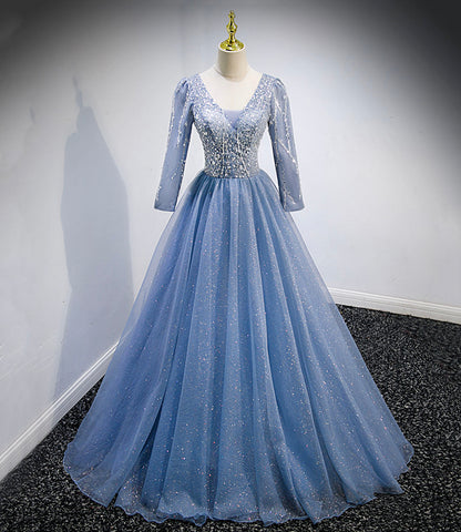 Blue tulle sequins long prom dress blue evening dress  10156
