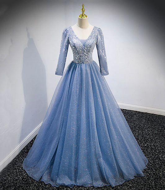 Blue tulle sequins long prom dress blue evening dress  10156