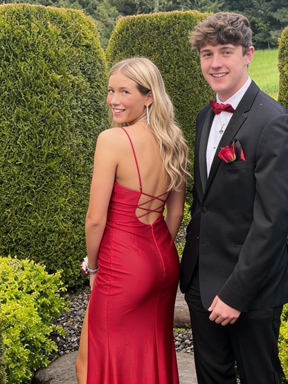 Sexy Red Mermaid Side Slit Maxi Long Party Satin Prom Dresses P988
