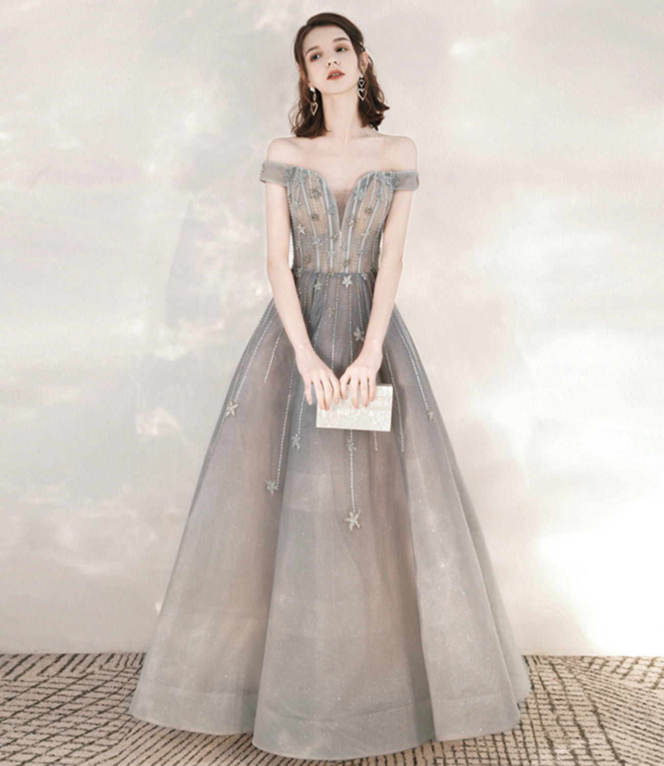 Gray tulle sequins long prom dress with star  10545