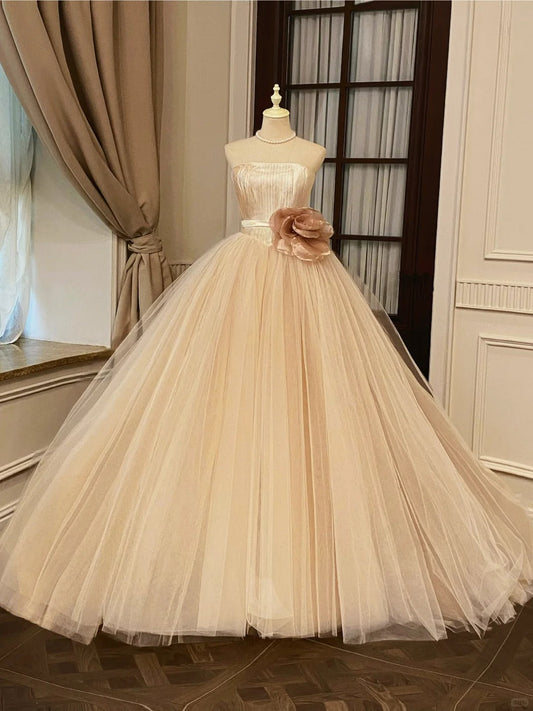 Girlhomeshops-👑Strapless princess champagne-colored tulle dress with three-dimensional flowers, sweet long tulle wedding dress prom dress gh5439