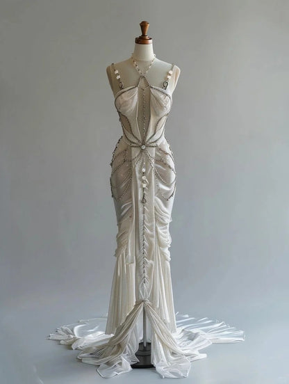Ivory White Elegant Long Satin Tulle Chiffon Party Dress Ball Gown Evening Dress gh4693