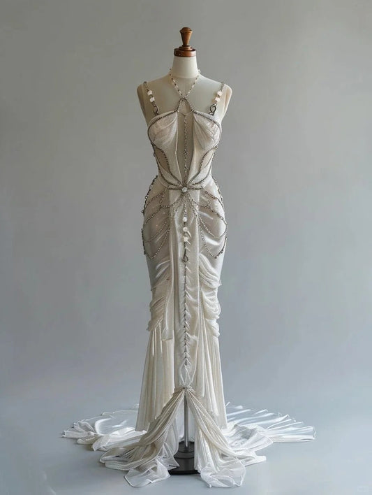 Ivory White Elegant Long Satin Tulle Chiffon Party Dress Ball Gown Evening Dress gh4693