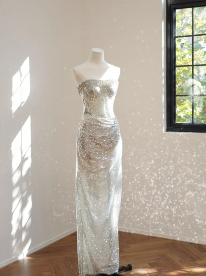 Girlhomeshops-Silver luxury gorgeous crystal sequins shiny long Prom dress evening dress gh5066
