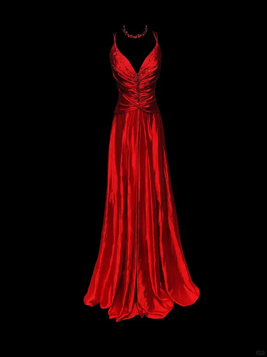 Red shiny fashion elegant V-neck long mermaid slim fishtail skirt satin floor-length train ball gown evening dress party dress prom dress gh3819