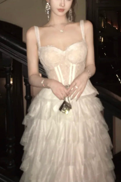 girlhomeshops-Sweet White Lace Strappy Gown, Tiered dress Design Overflows with Romantic Atmosphere gh5901