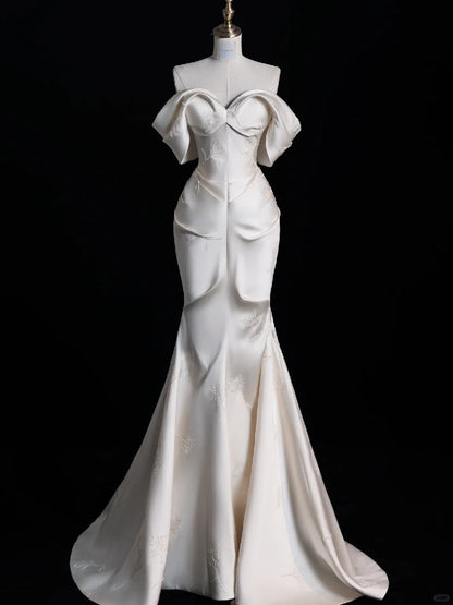 Ivory Elegant Satin Long Mermaid Slim Floor Length Ball Gown Evening Gown Wedding Dress gh4199
