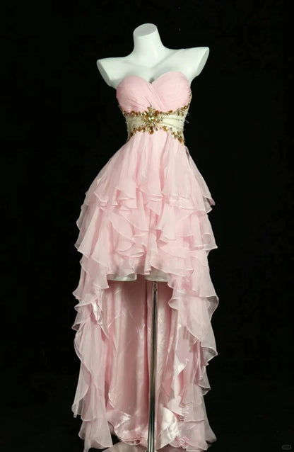 Pink ruffles rhinestones elegant beautiful long/short prom dress evening dress homecoming dress birthday party dress gh4723