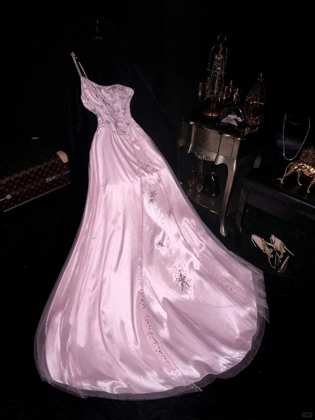 Pink One Shoulder Fashion Sparkling Elegant Beaded Long Tulle Ball Gown Evening Dress  gh4387