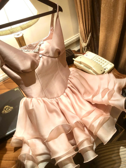 Girlhomeshops-Pink short satin tulle homecoming dress birthday party dress eighth grade dress gh5293