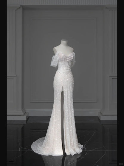 ✨Girlhomeshops-White Sparkling Elegant Mermaid Long Tulle Slimming Prom dress Evening Dress Party Dress gh4991