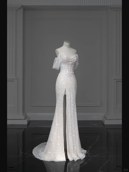 ✨Girlhomeshops-White Sparkling Elegant Mermaid Long Tulle Slimming Prom dress Evening Dress Party Dress gh4991