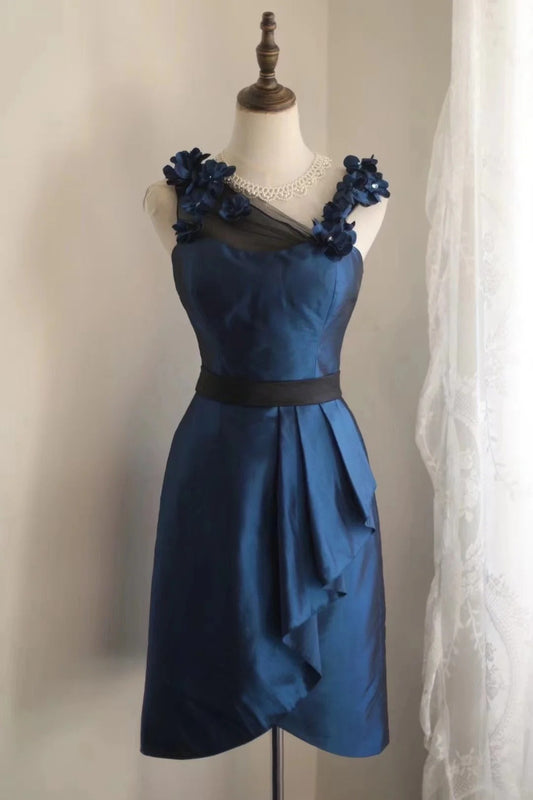 Blue floral short satin homecoming dress birthday party dress small orchid gh4304
