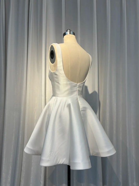 ✨Girlhomeshops🔥 Discount: 5% off orders over $100-White fashion Classic short satin homecoming dress prom dress back to school outfits gh4970