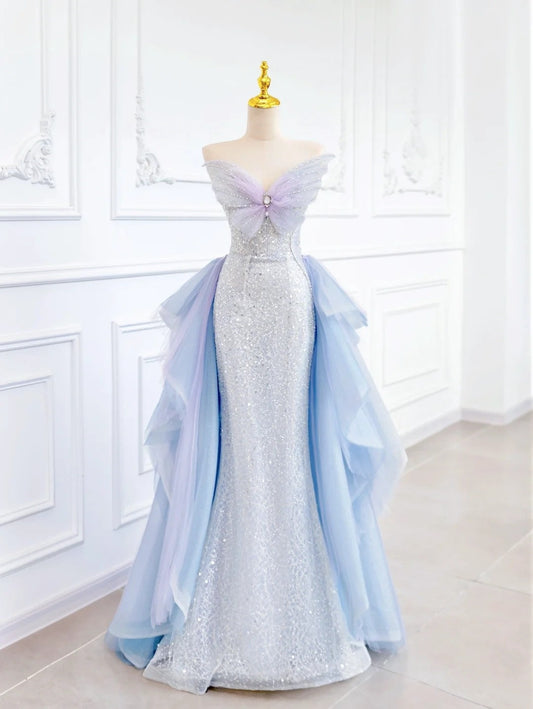 🦋Blue Butterfly Gorgeous Shiny Elegant Sequined Long Mermaid Tulle Ball Gown Evening Dress gh4272