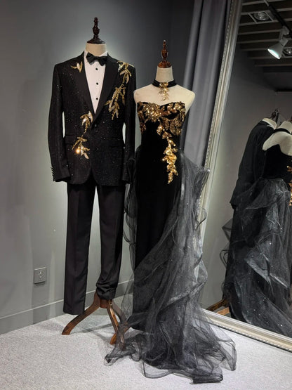 Girlhomeshops -Black shiny elegant long gold sequined tulle trailing ball gown evening gown graduation gown gh5108